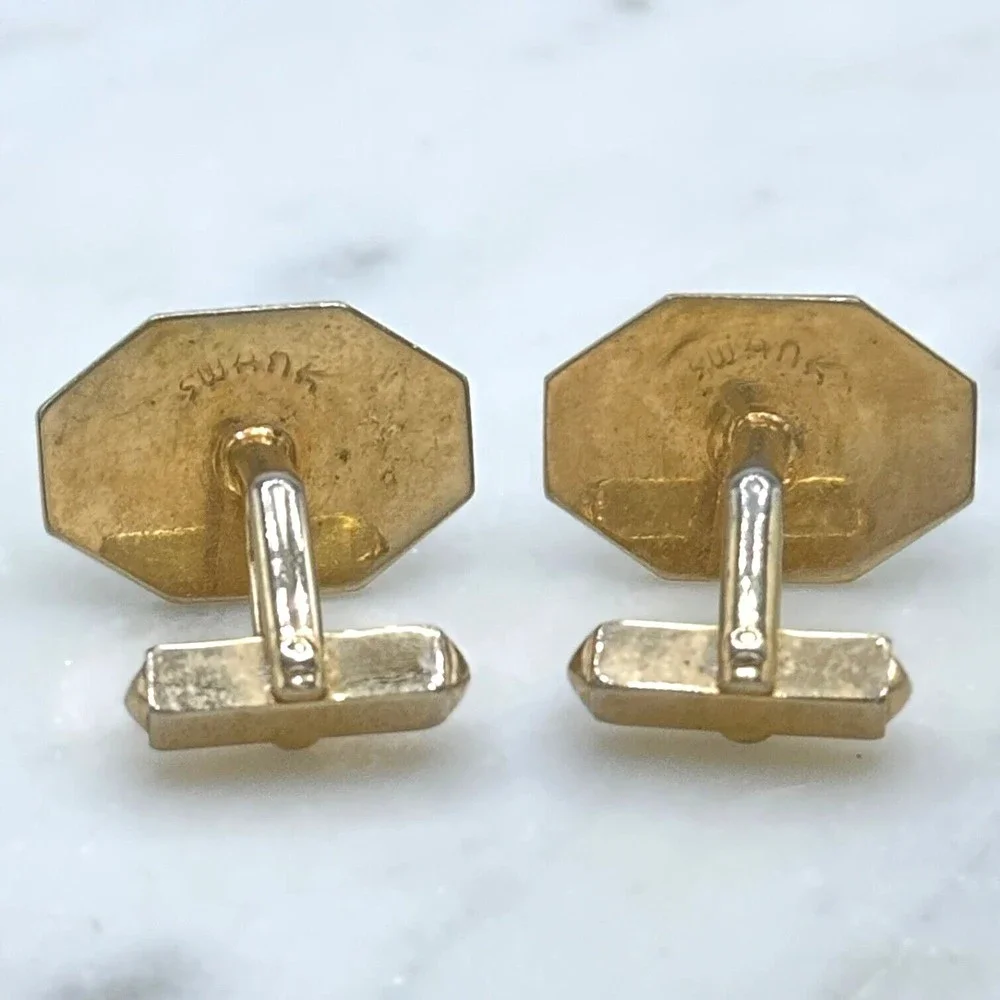 Vintage SWANK Gold Tone & Black Meander Greek Pattern Bullet Back Cufflinks